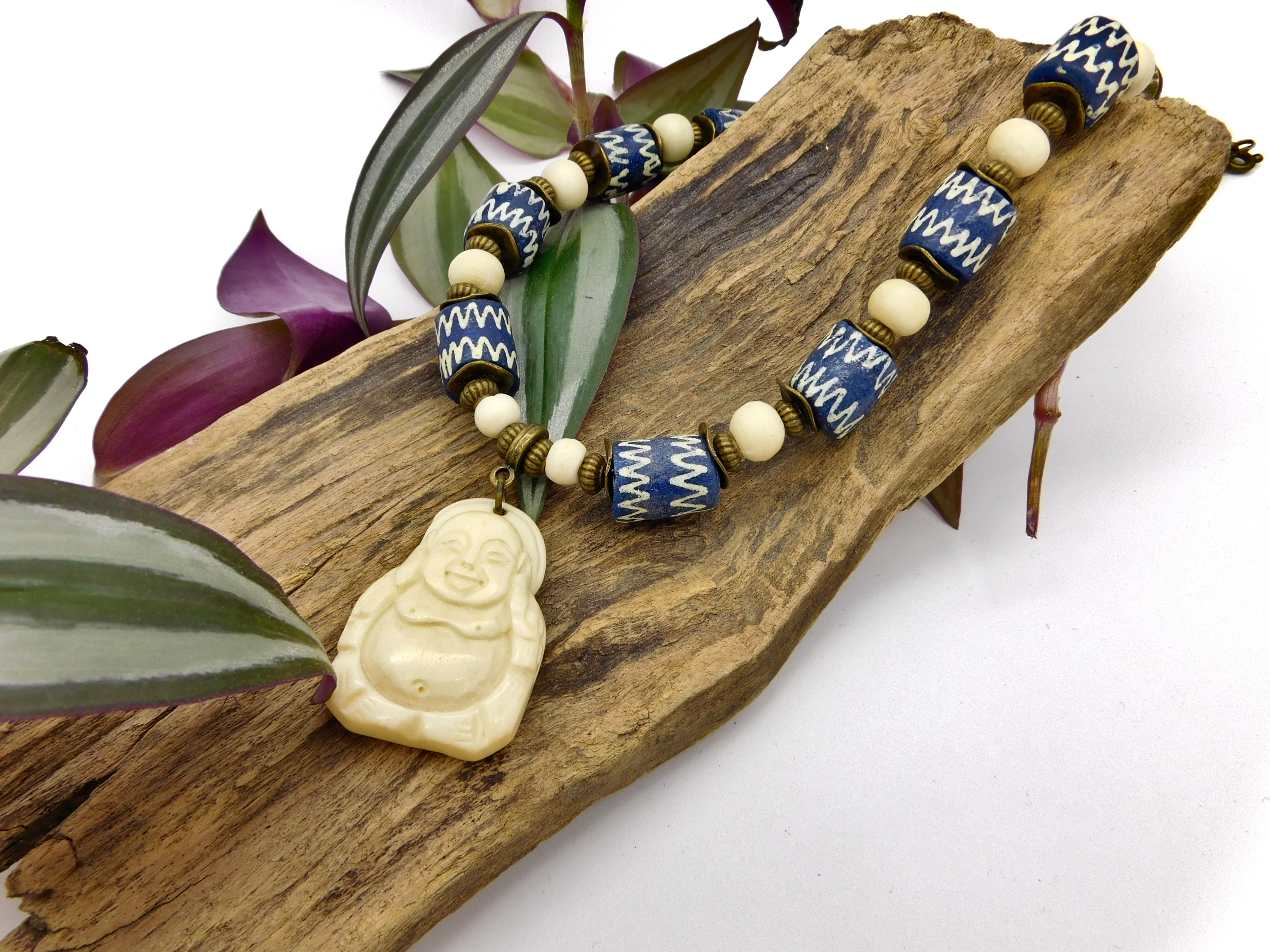 Buddha-Halskette - blau, creme - 46,4cm