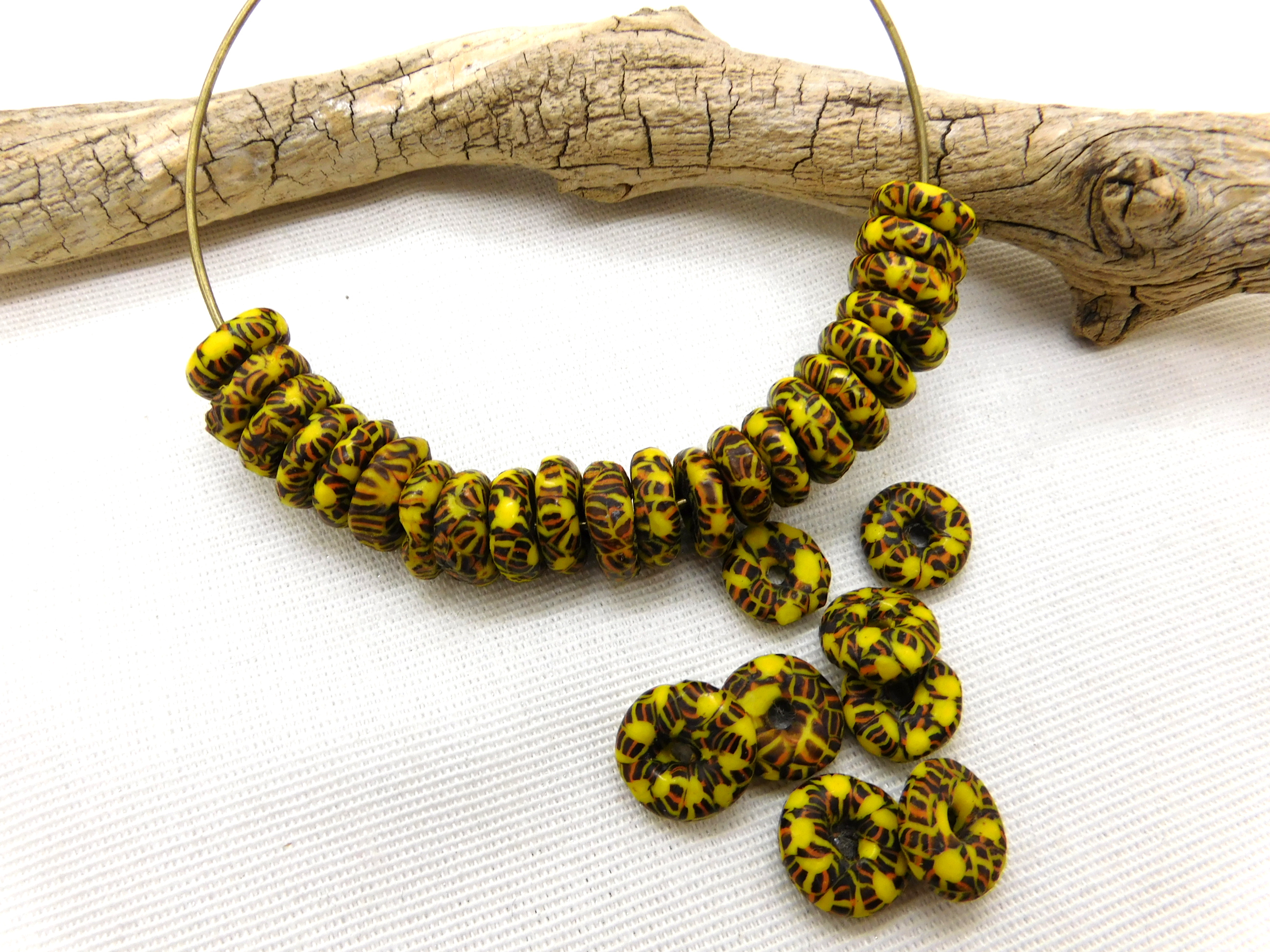 30 Krobo recycled beads rondelles - black, red, yellow