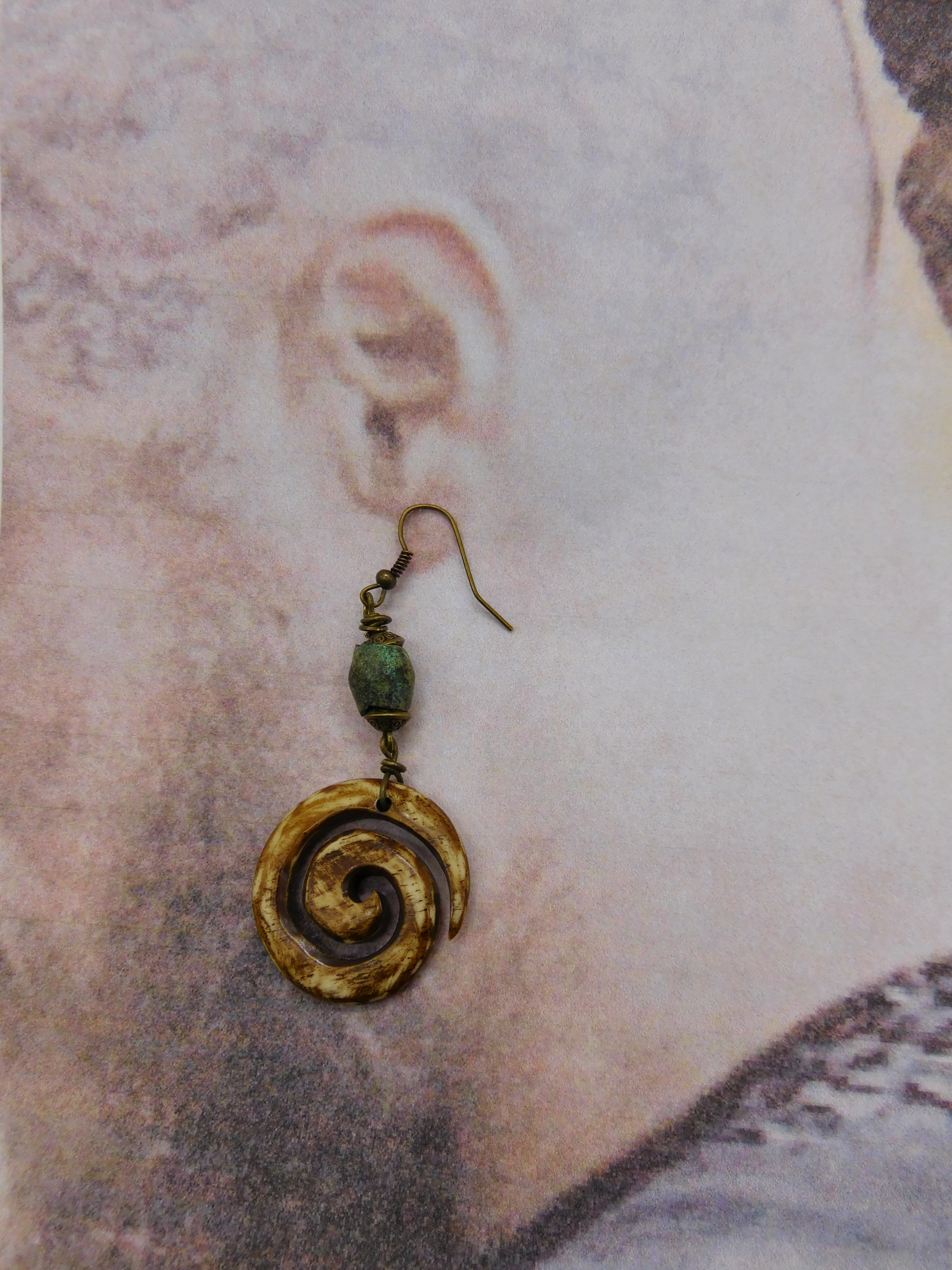Viking earring, Celts with antique verdigris copper and bone spiral pendant