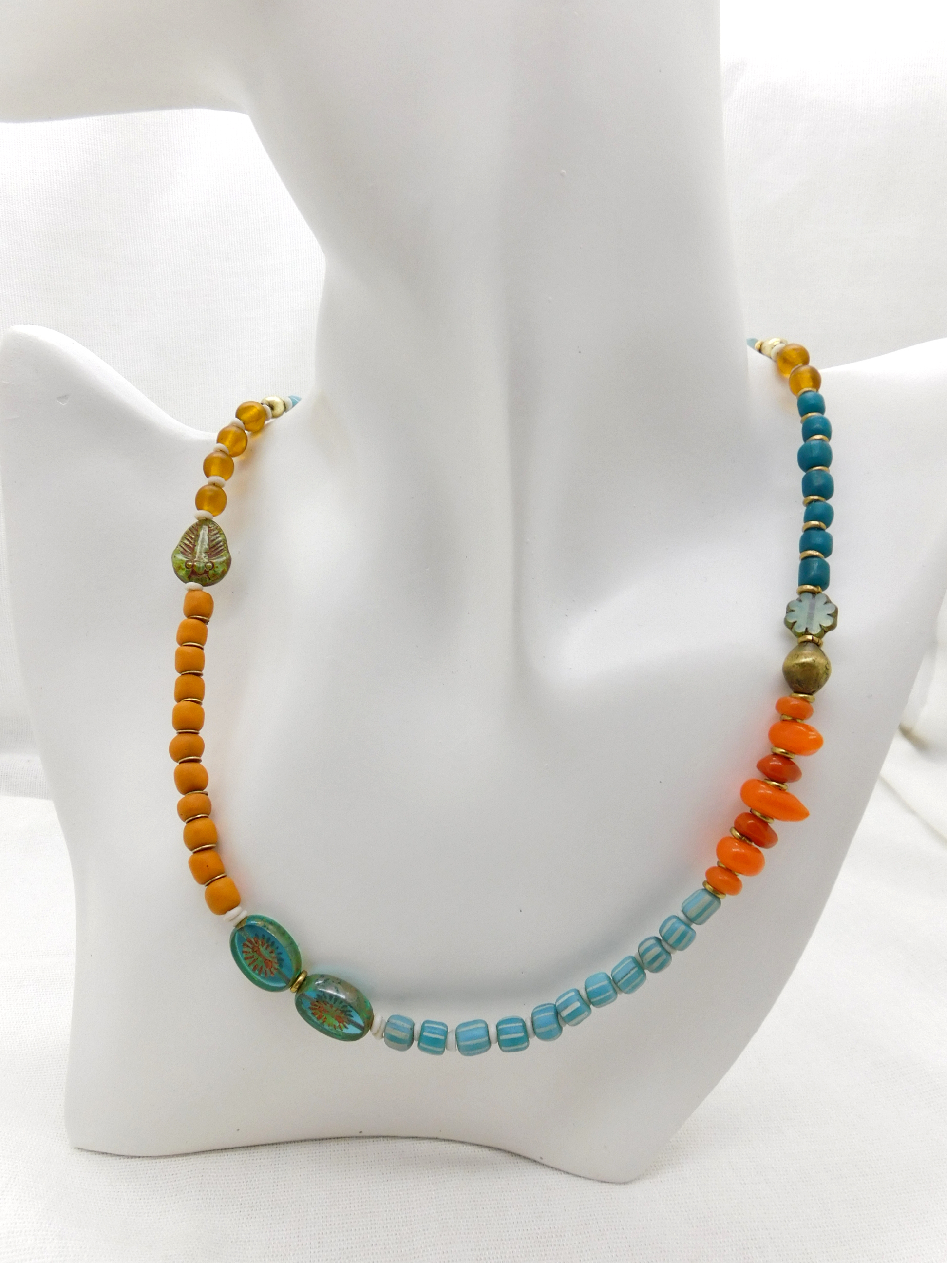 necklace with ethnical glass beads mix - orange turquoise blue