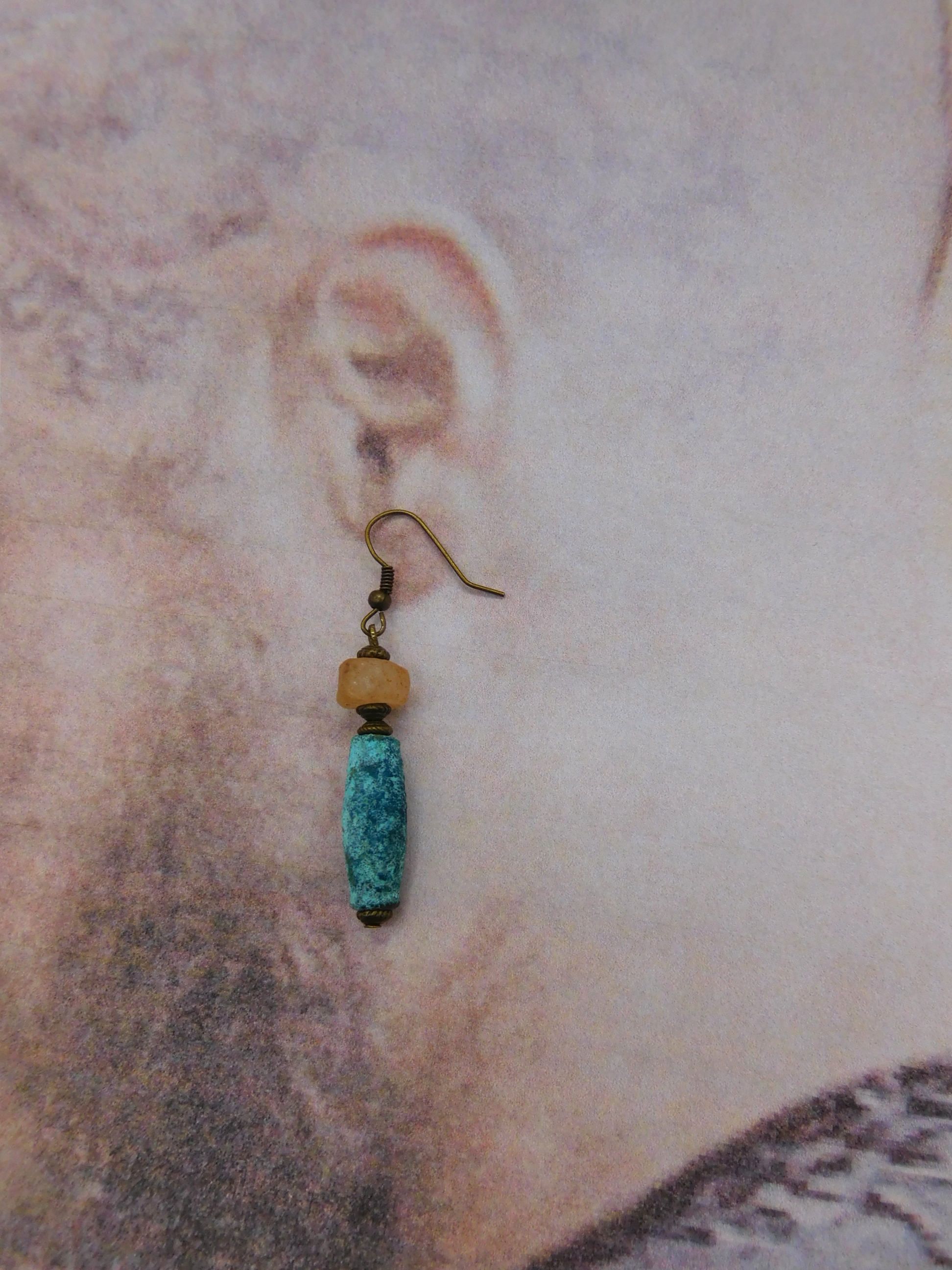 Viking earring, Celts with antique verdigris copper, old quartz