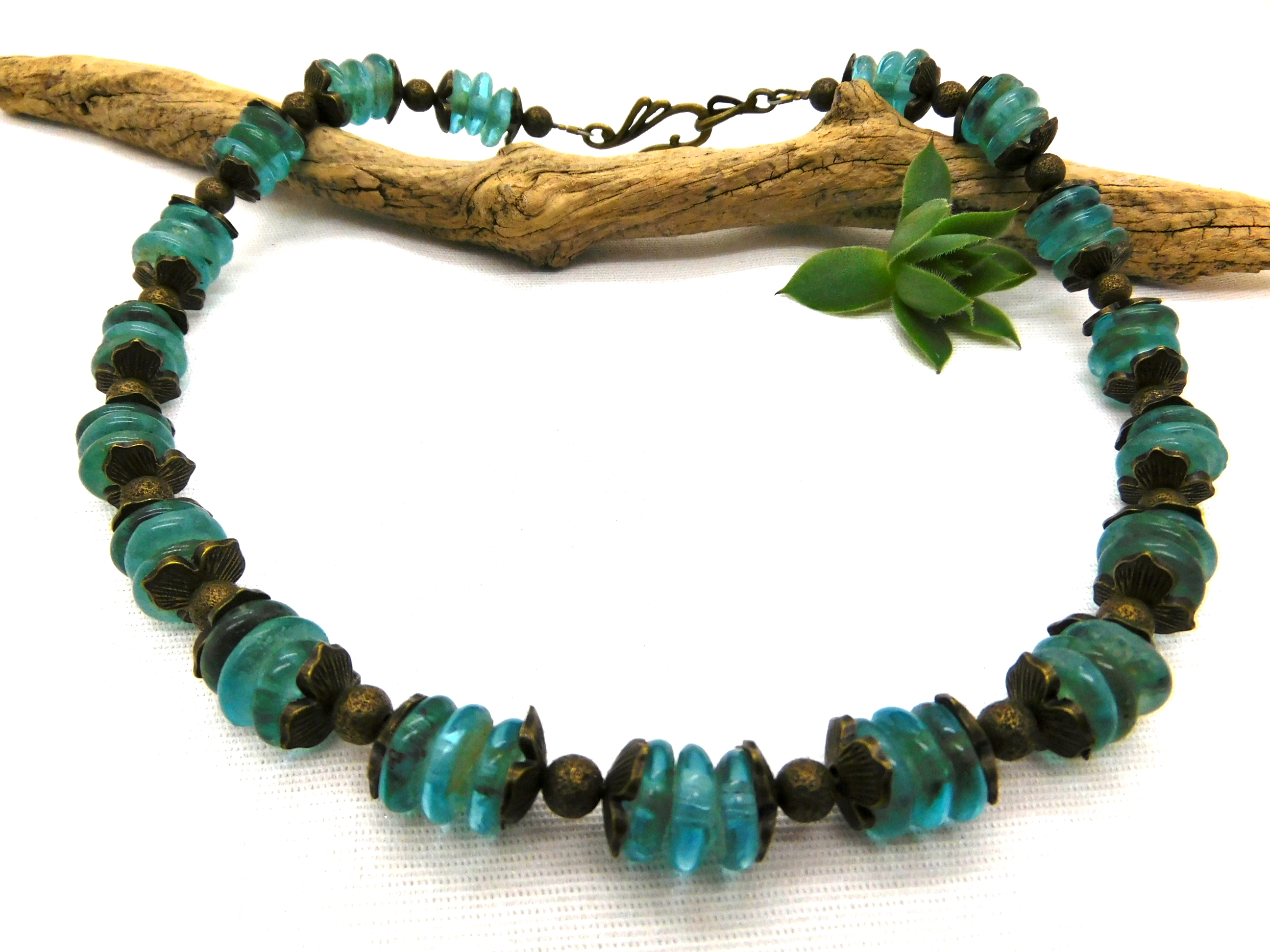Halskette - afrikanische Recycled-Glas-Rondelle - aquablau, bronze