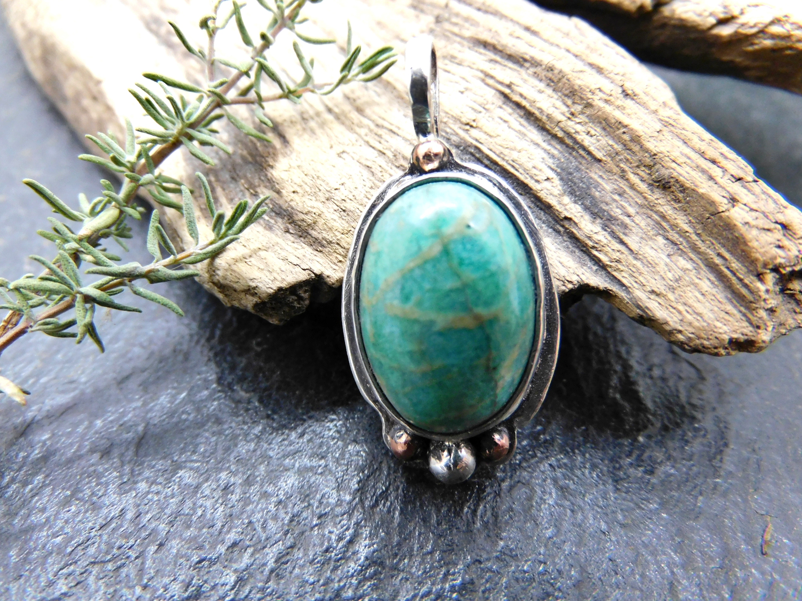Pendant with amazonite stone set in sterling silver and copper