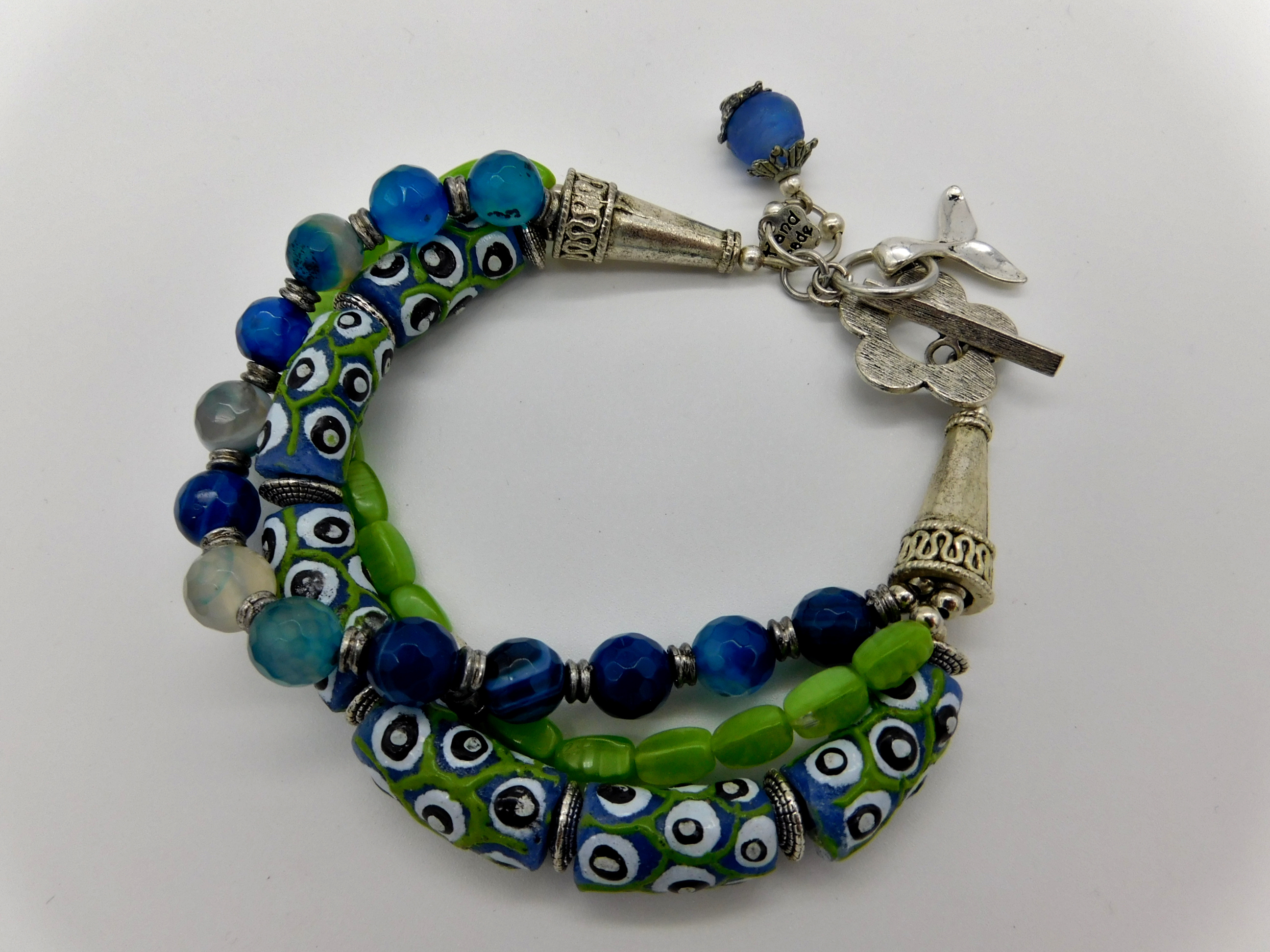 3-reihiges Armband in Grün und Blau - 22cm