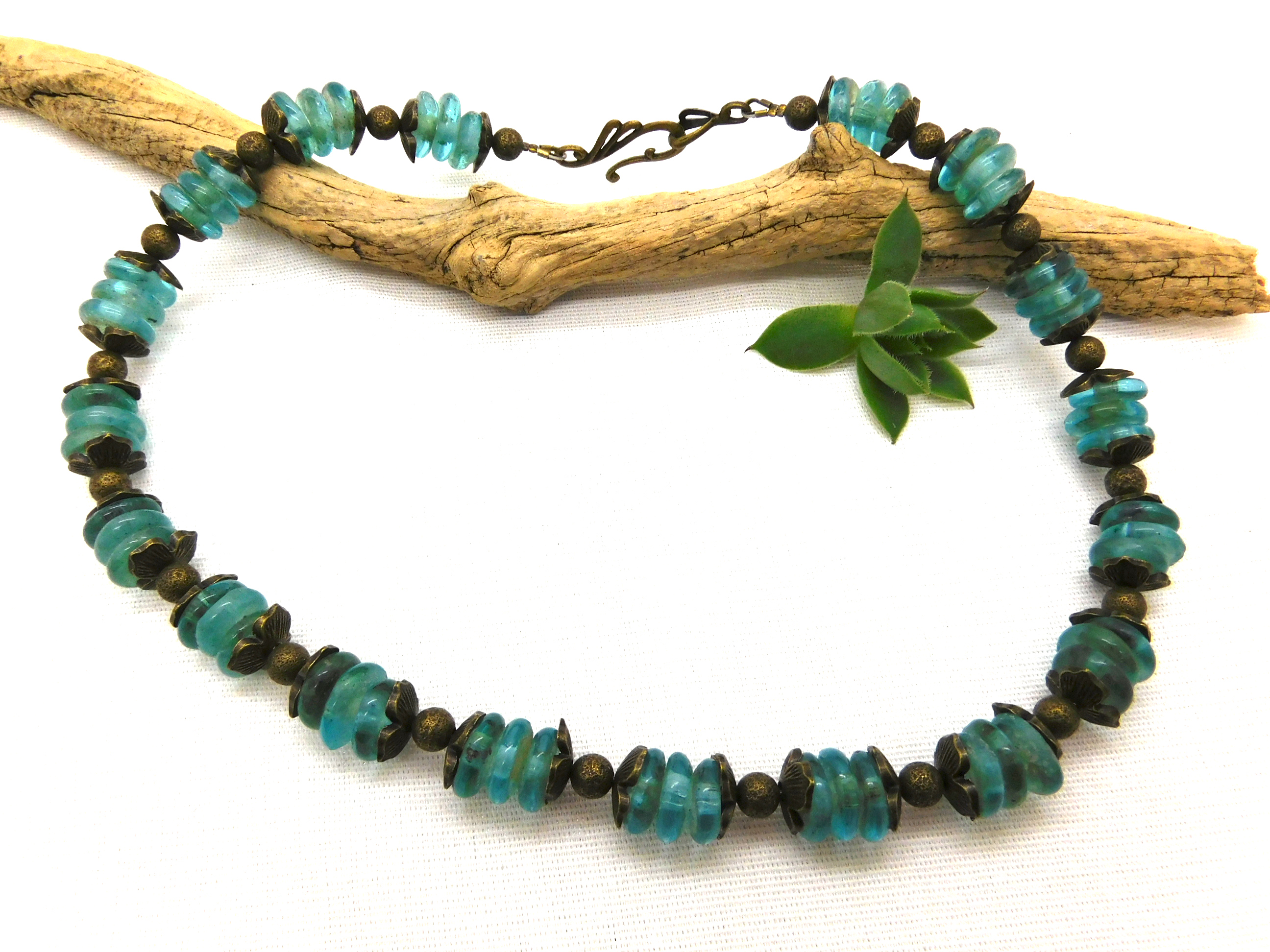 Halskette - afrikanische Recycled-Glas-Rondelle - aquablau, bronze