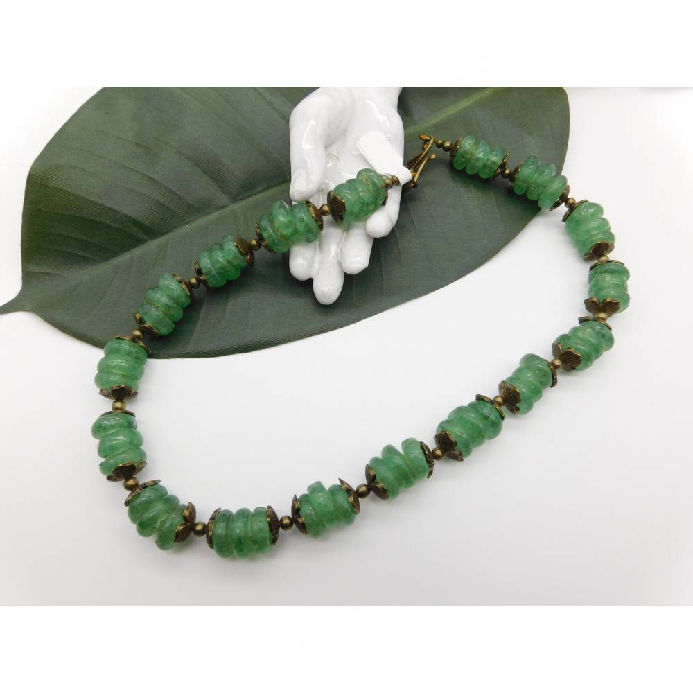 Halskette - afrikanische Recyclingglas-Rondelle - grün, bronze
