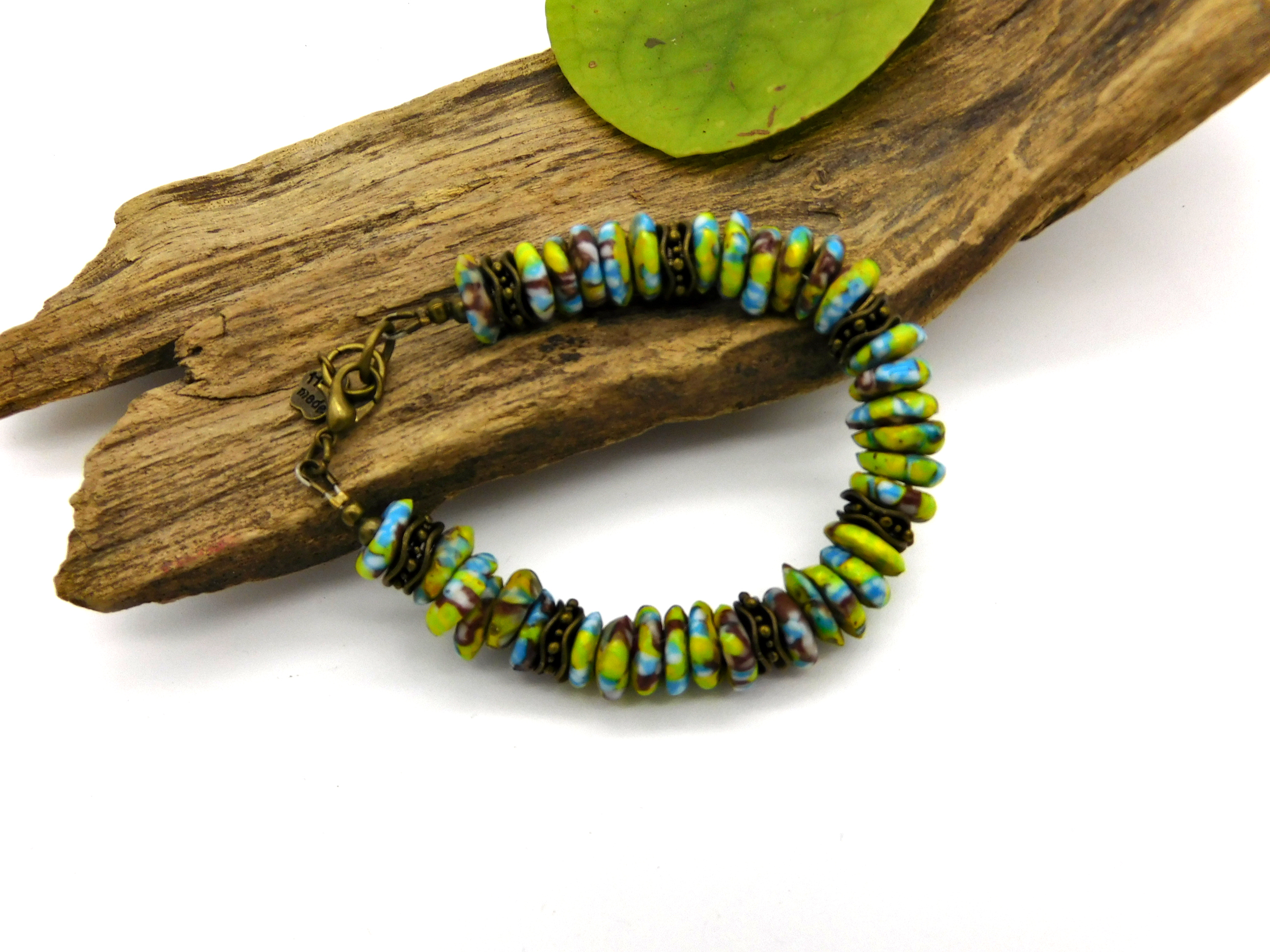 Bracelet with recycled beads from Ghana - blue, yellow and bronze