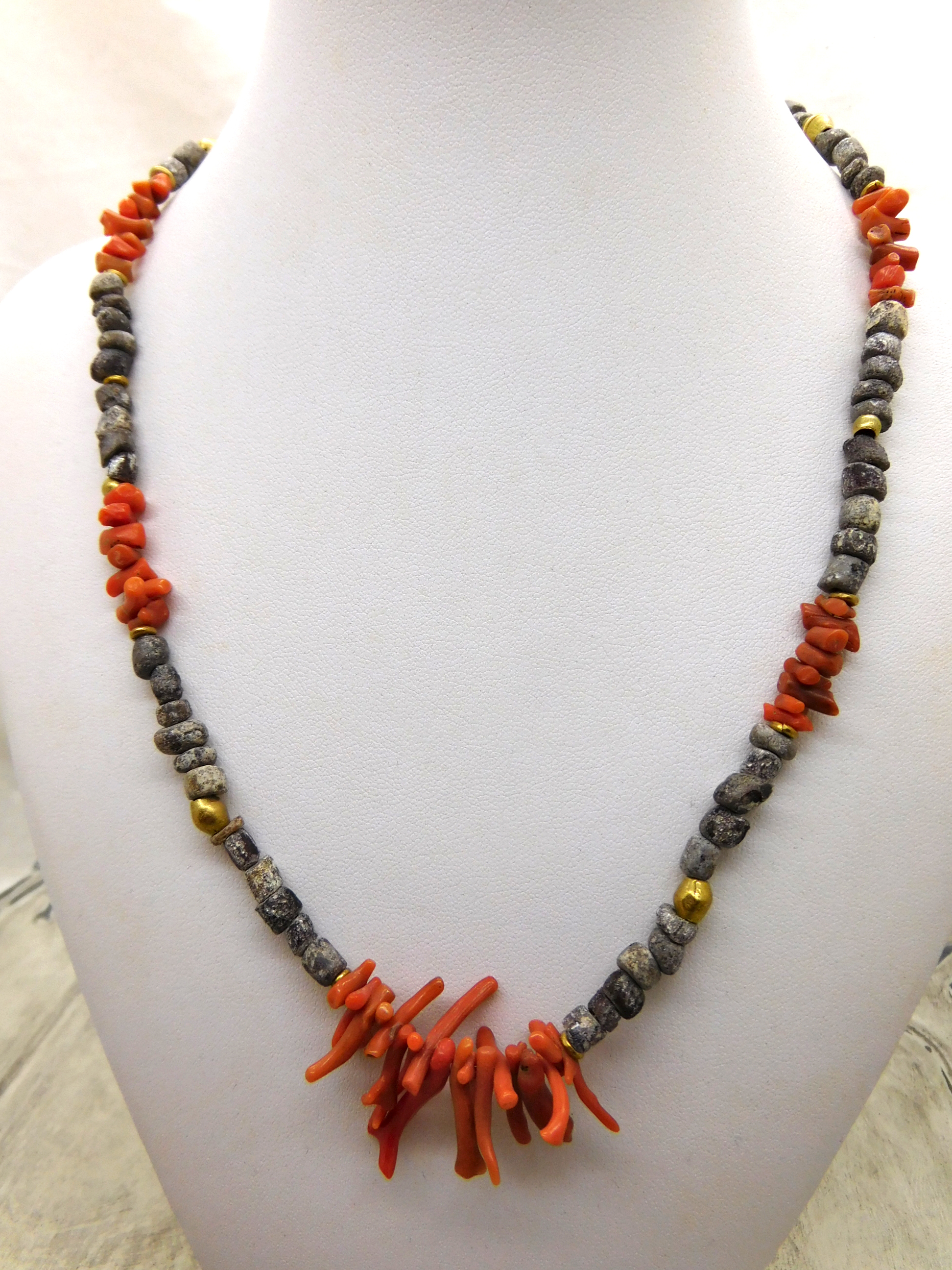 Necklace with antique digbeads from Mali and branch coral from Nigeria