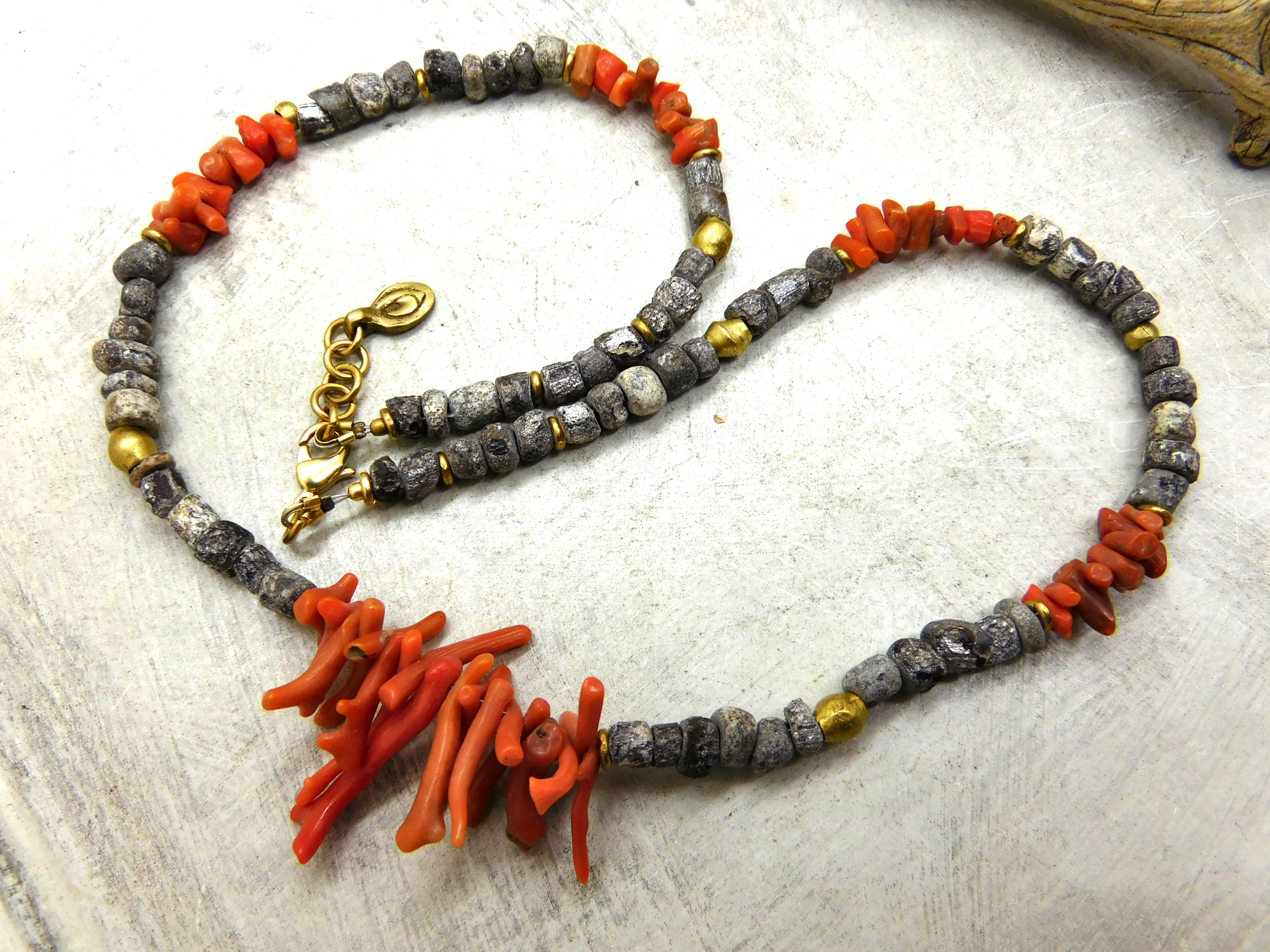 Necklace with antique digbeads from Mali and branch coral from Nigeria