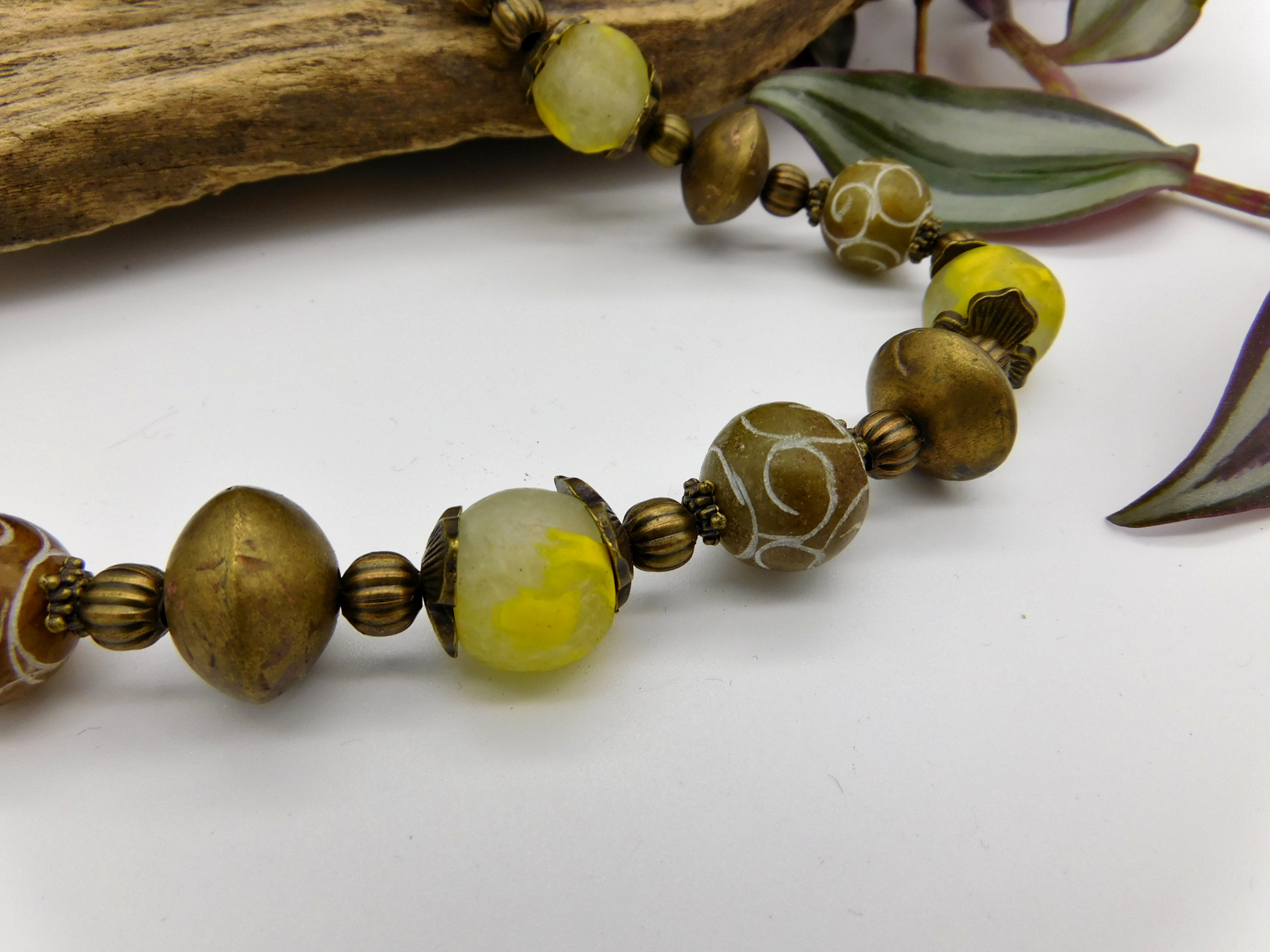 necklace with engraved agate, recycling glassbeads and touareg brass