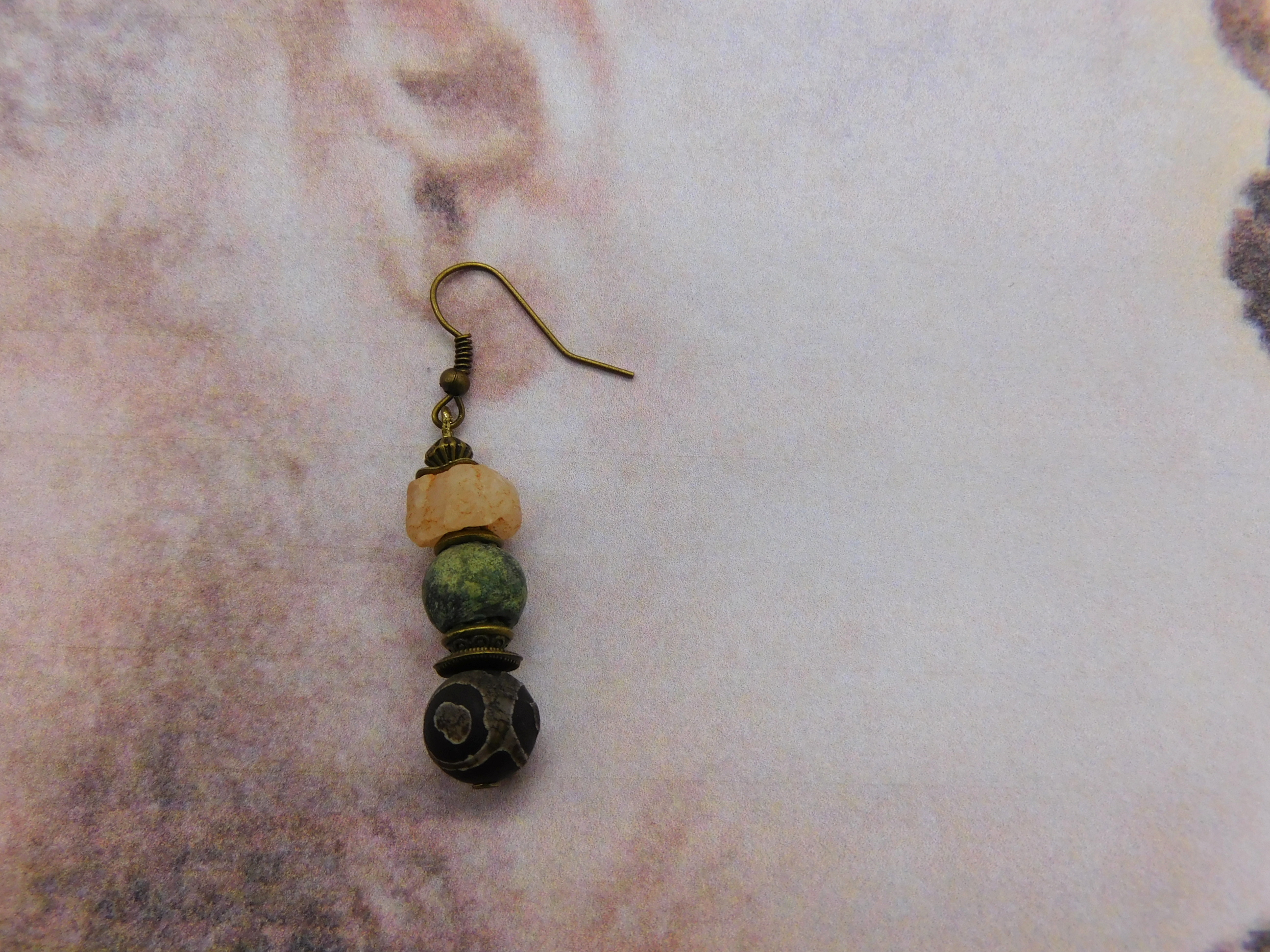 Viking earring, Celts with antique verdigris copper, Quartz and etched Agate