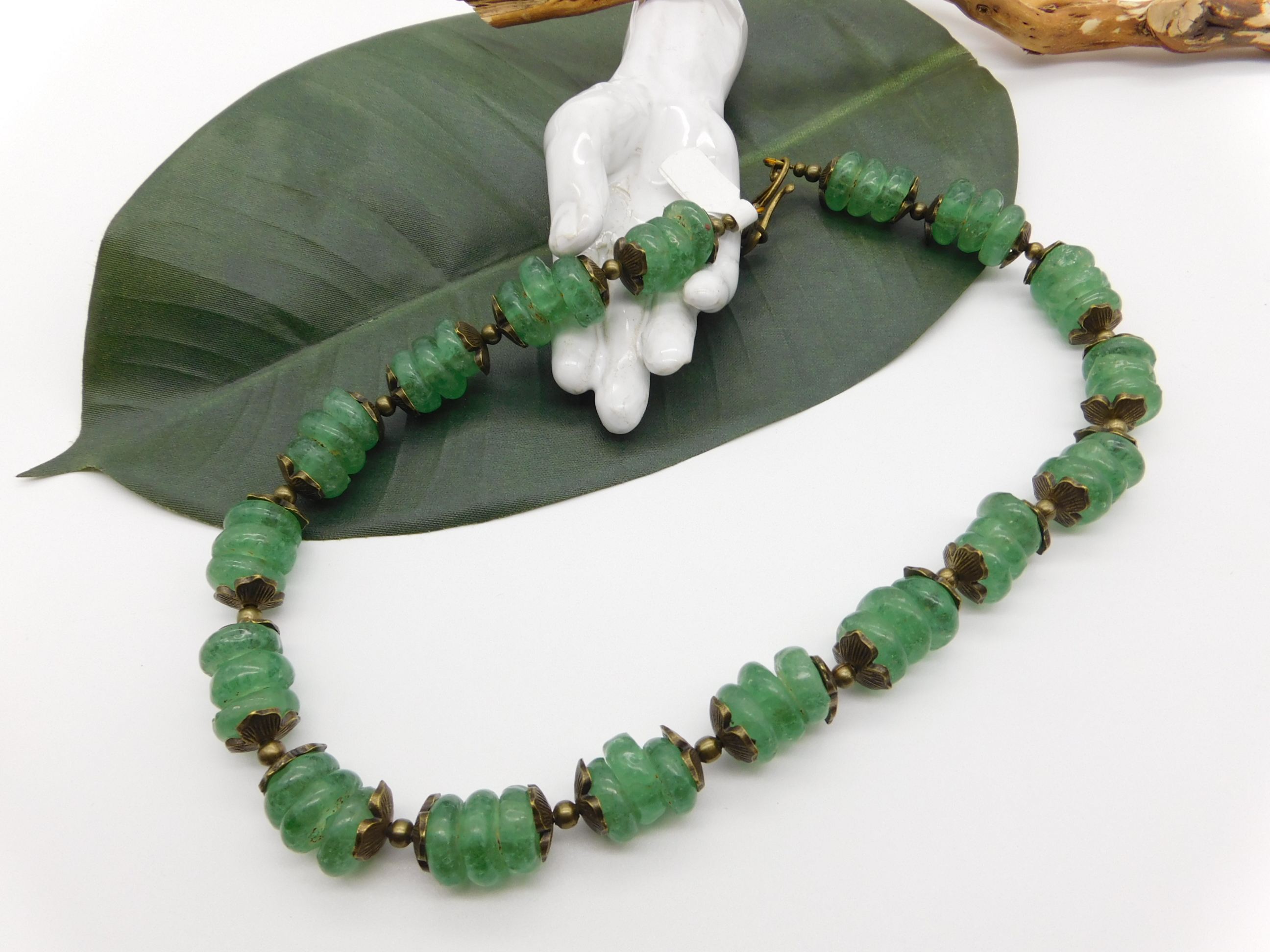 Halskette - afrikanische Recyclingglas-Rondelle - grün, bronze