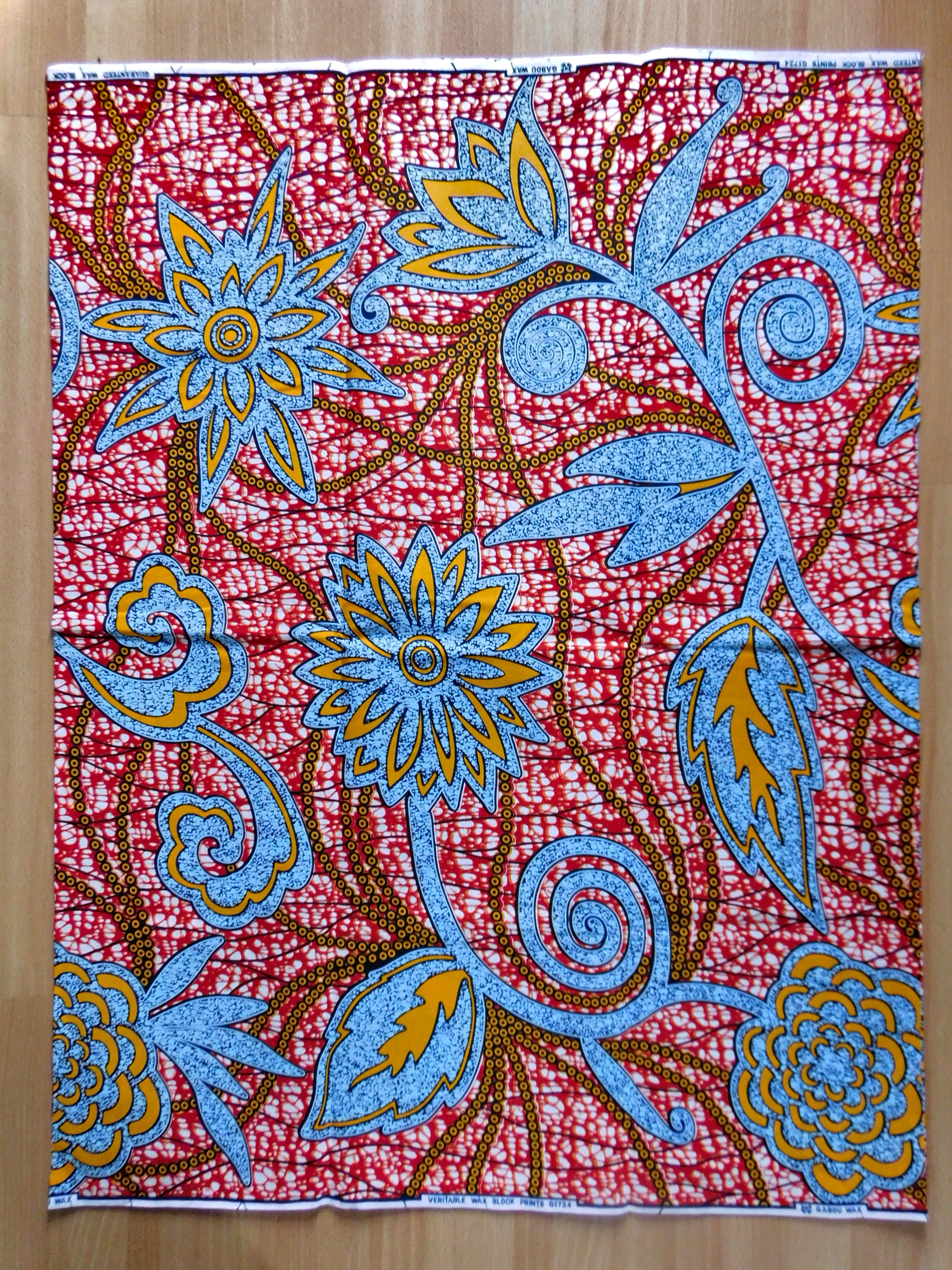 Waxprint fabric - stiff - flowers red blue