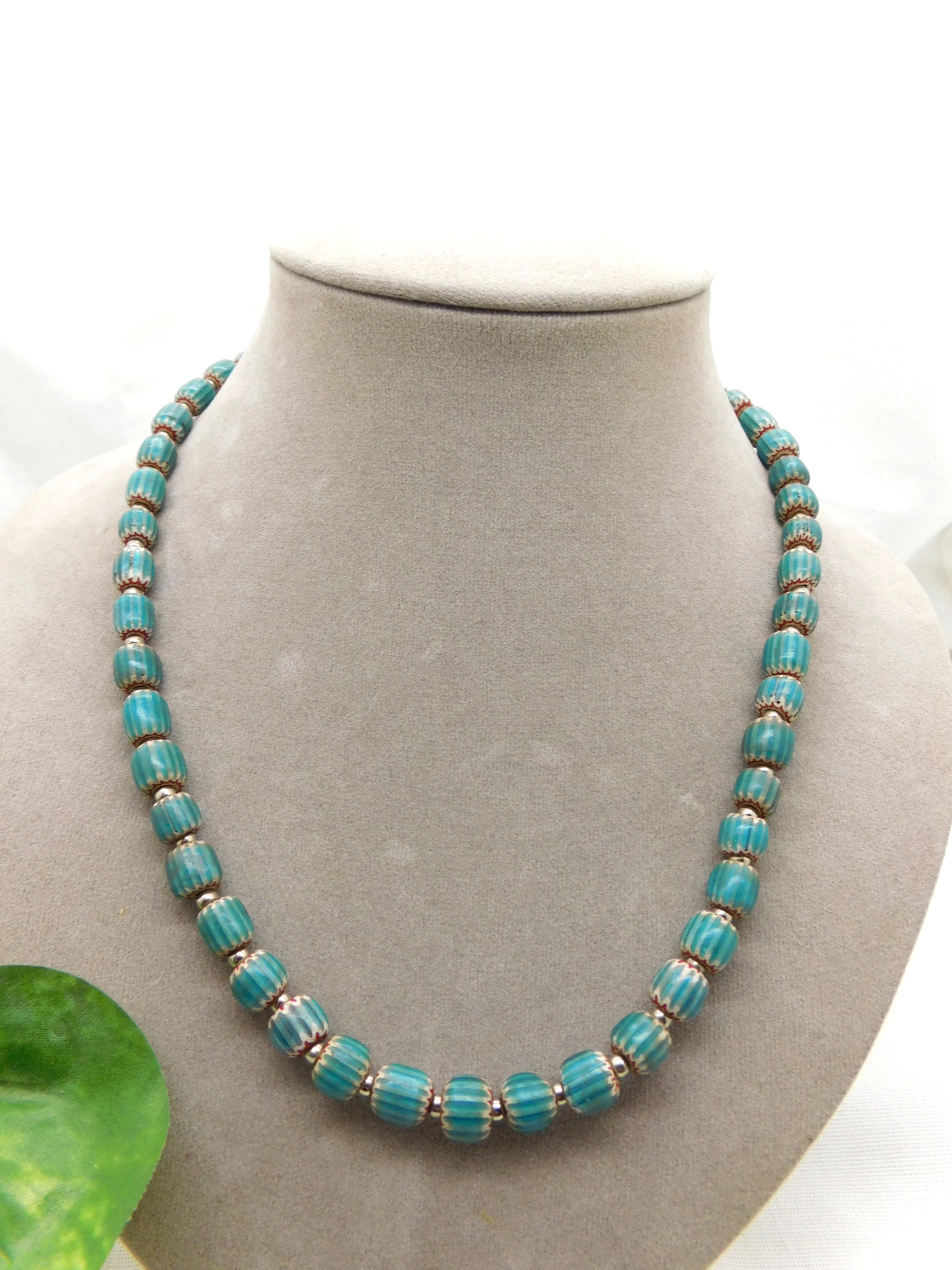 Necklace with turquoise chevron glass beads - antique look