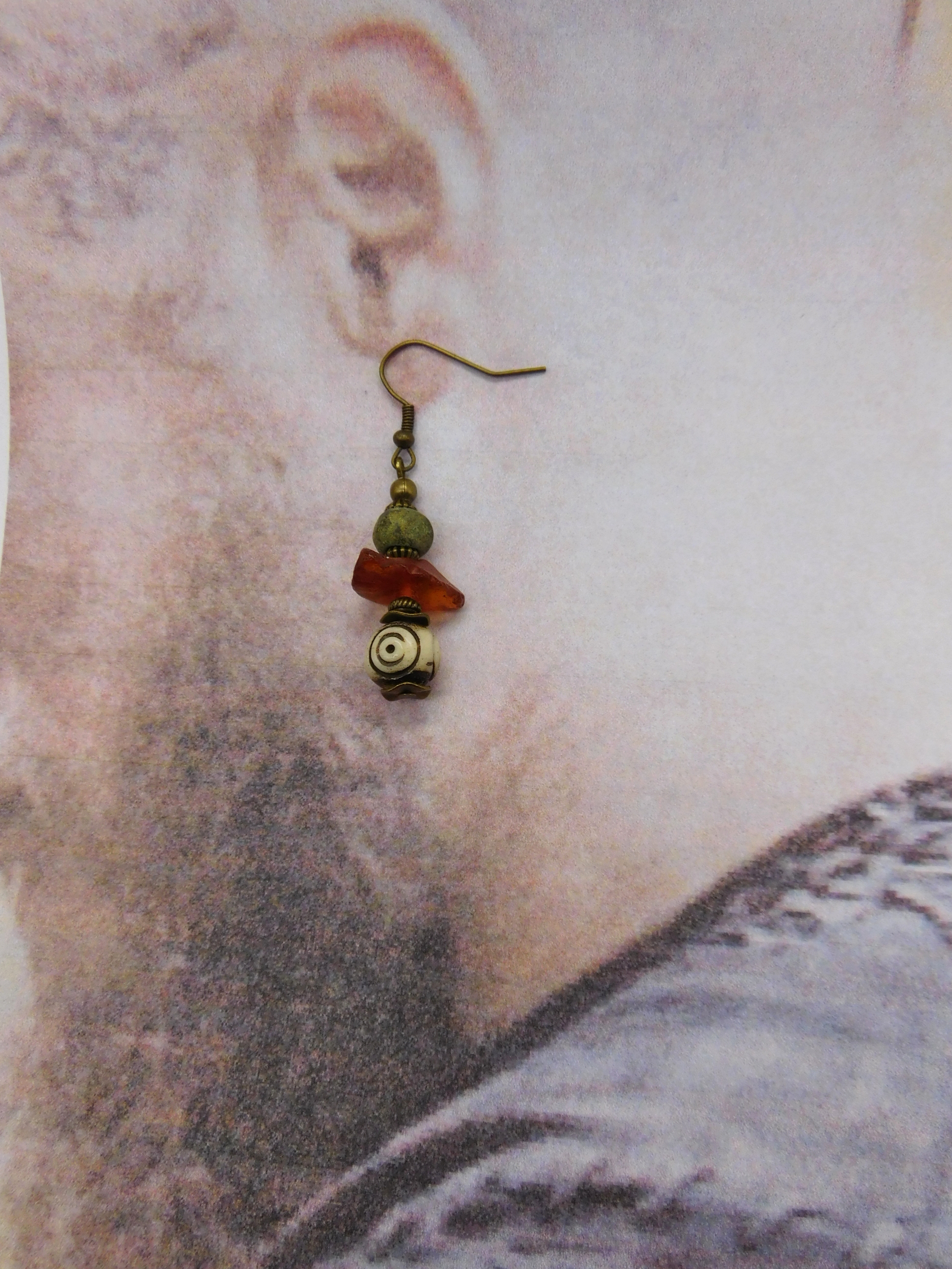 Viking earring, Celts with antique verdigris copper, amber and bone