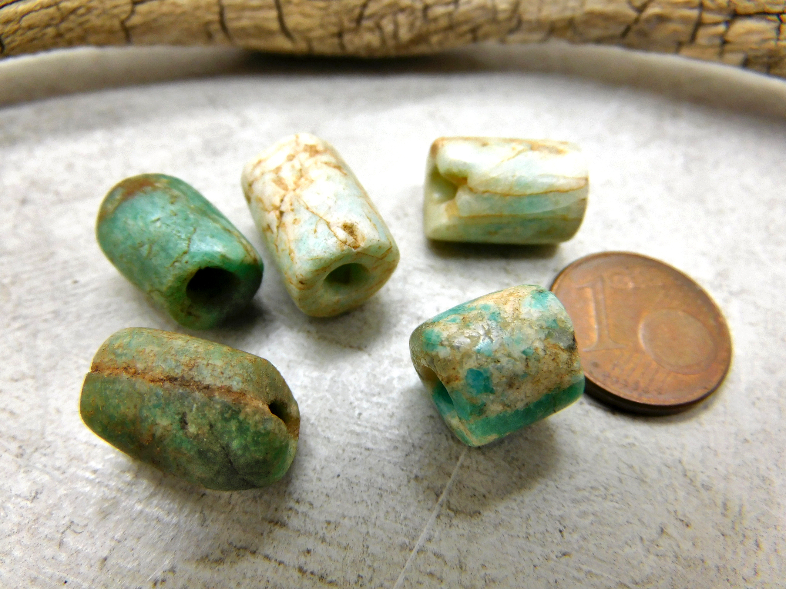 5 ancient Amazonite beads from Mauritania, zylinder, authentic
