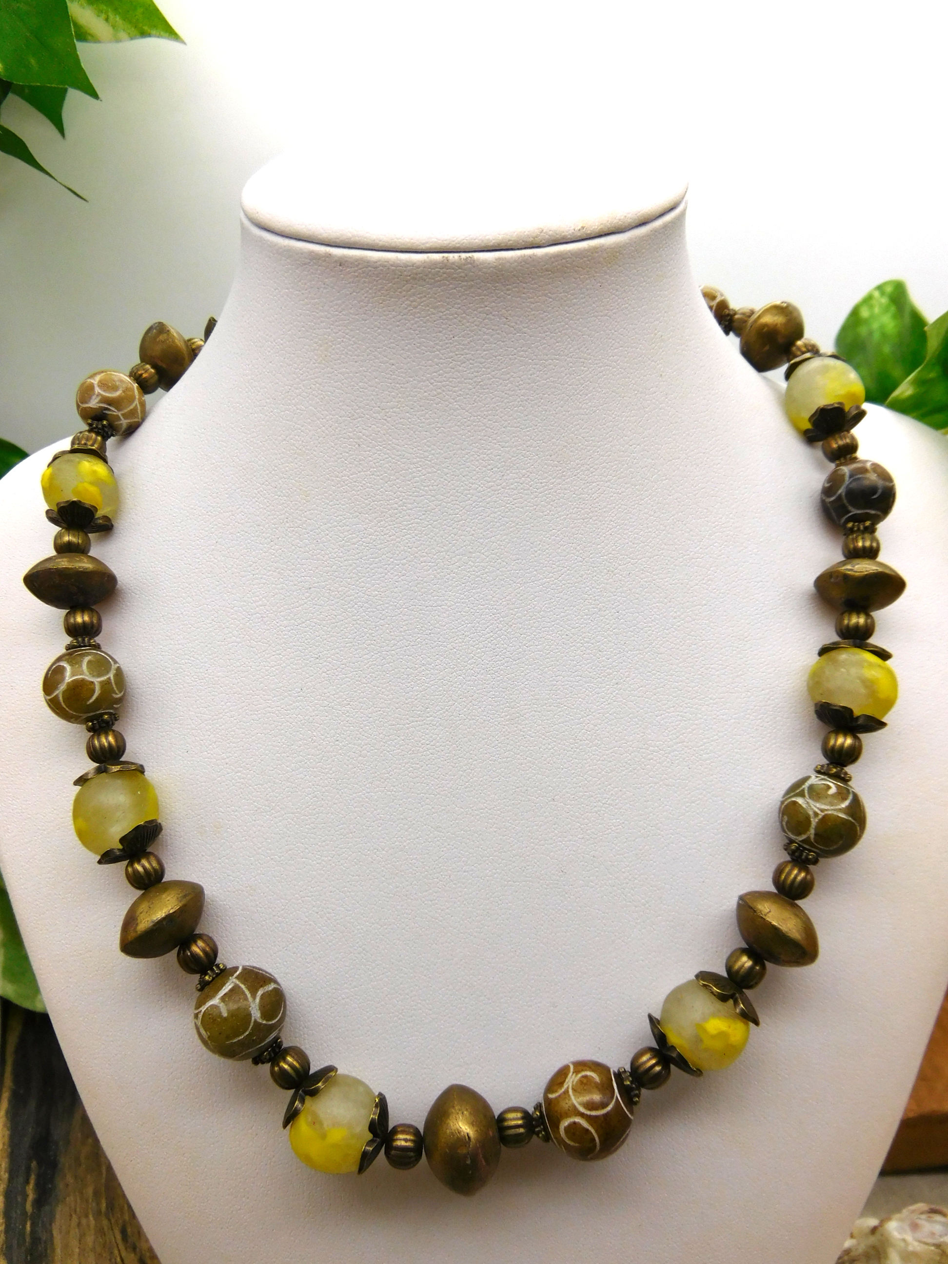 necklace with engraved agate, recycling glassbeads and touareg brass