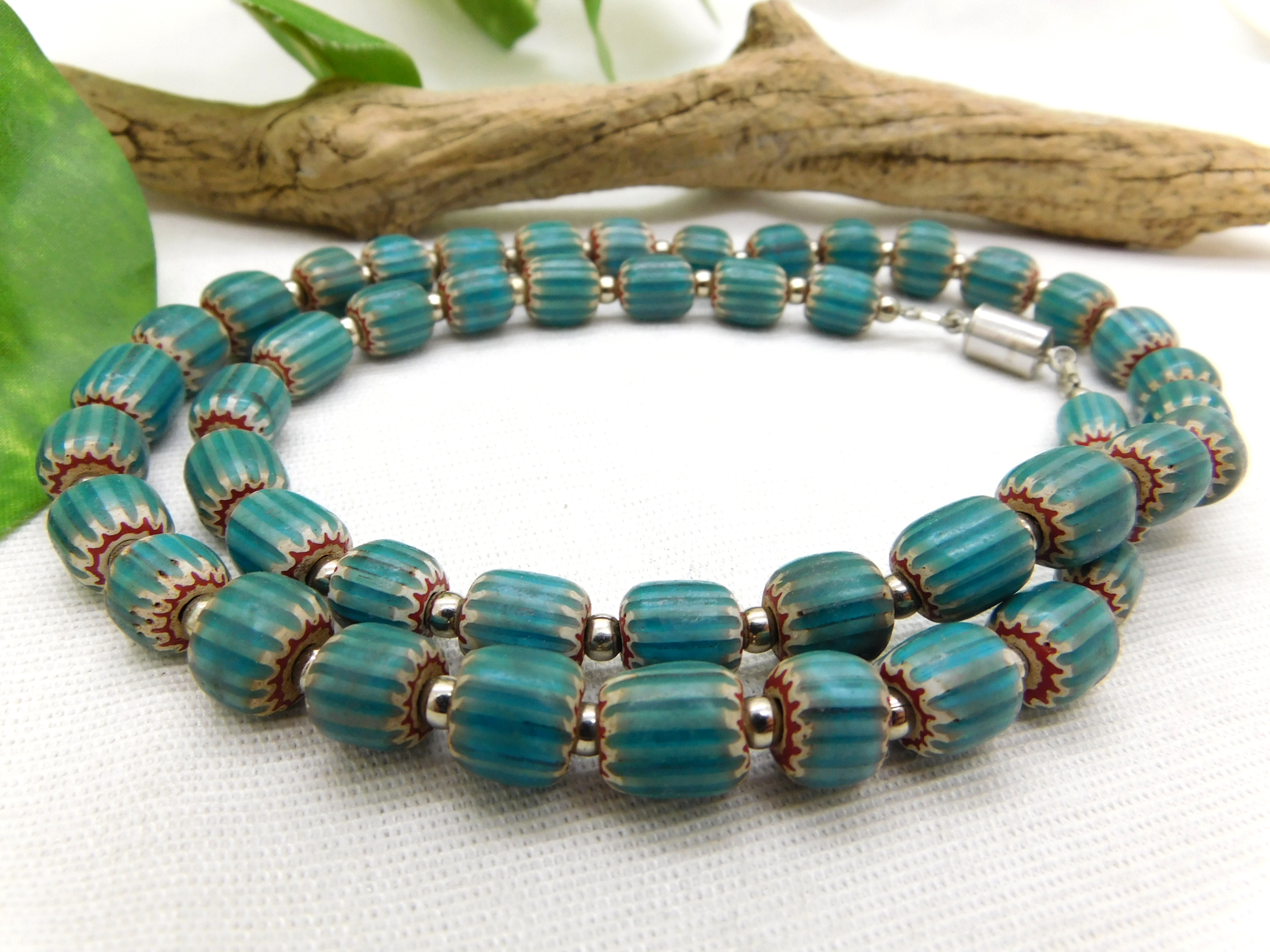 Necklace with turquoise chevron glass beads - antique look
