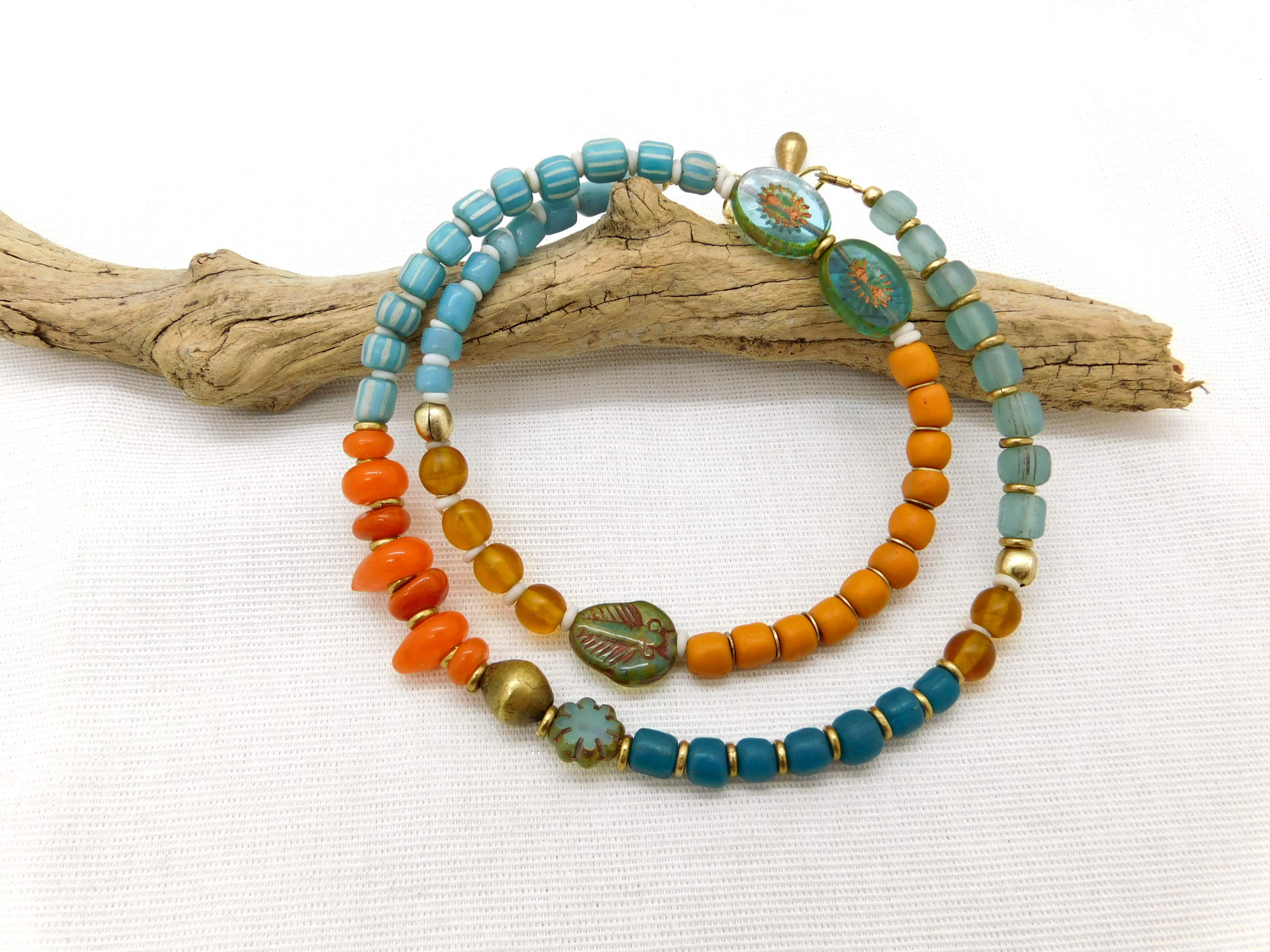 necklace with ethnical glass beads mix - orange turquoise blue