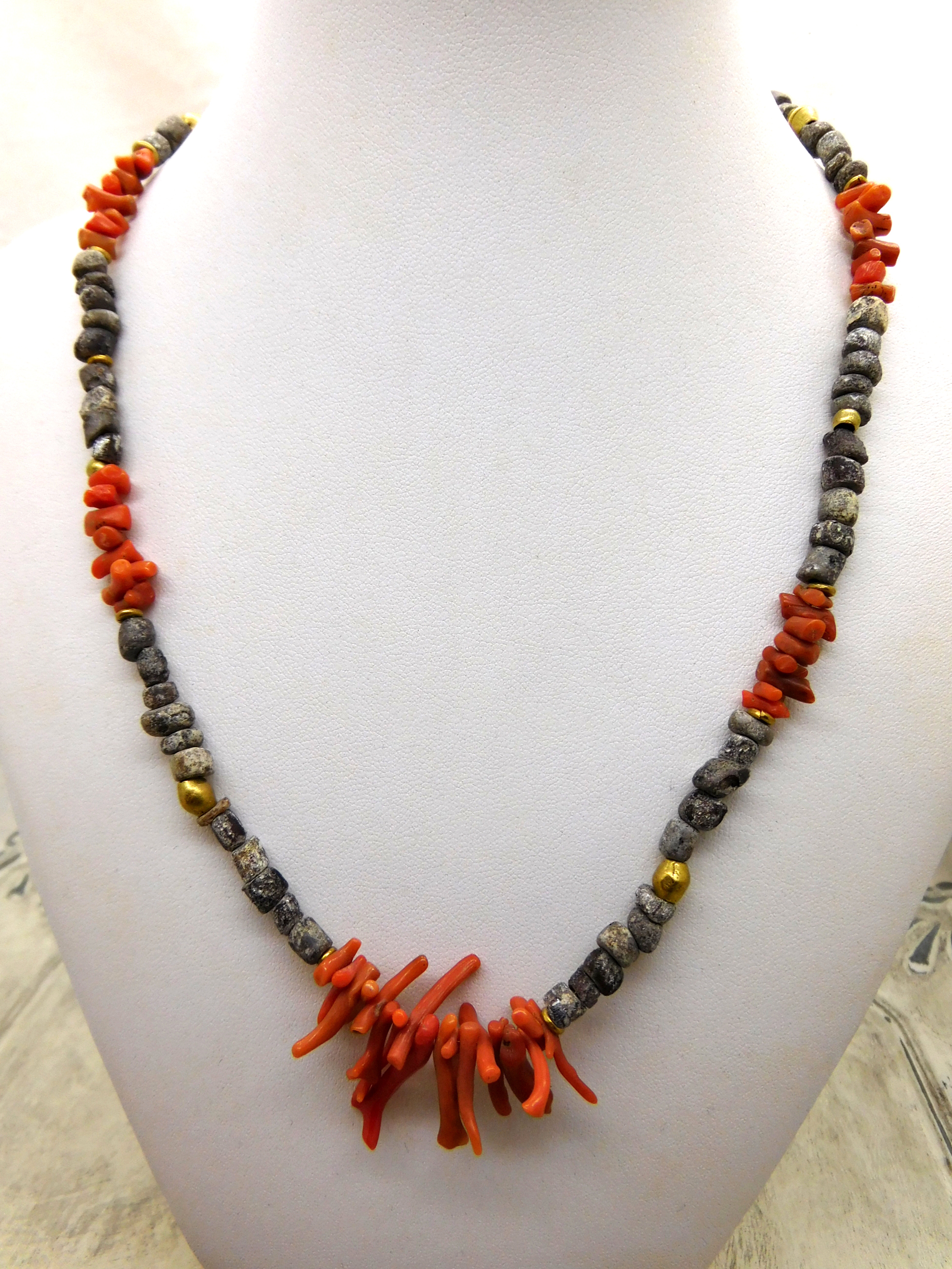 Necklace with antique digbeads from Mali and branch coral from Nigeria