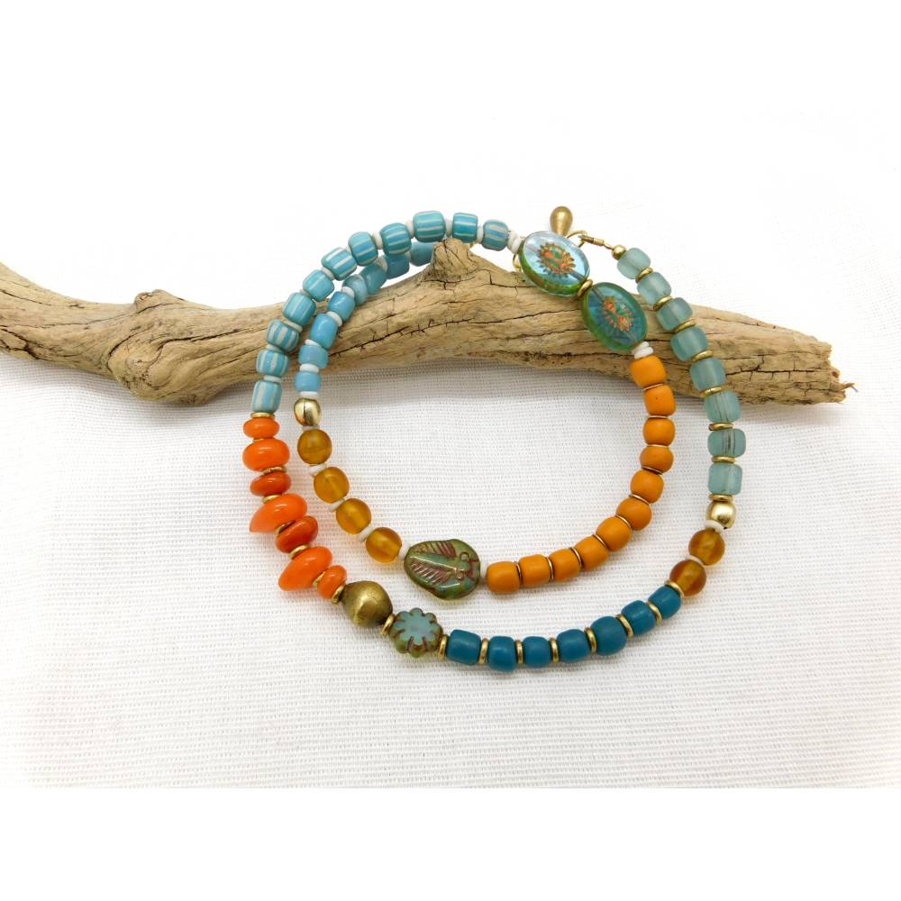 necklace with ethnical glass beads mix - orange turquoise blue