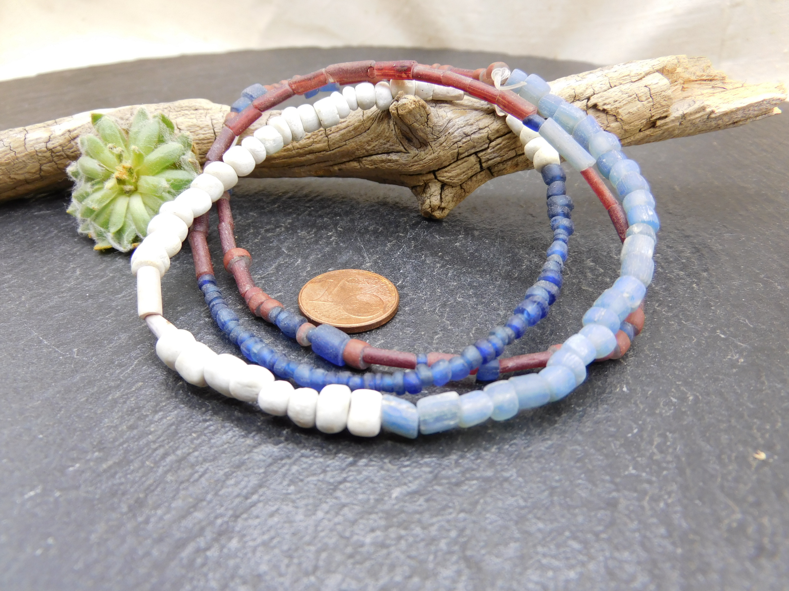 antique glass beads from Djenné Mali Africa - blue red white Nila beads