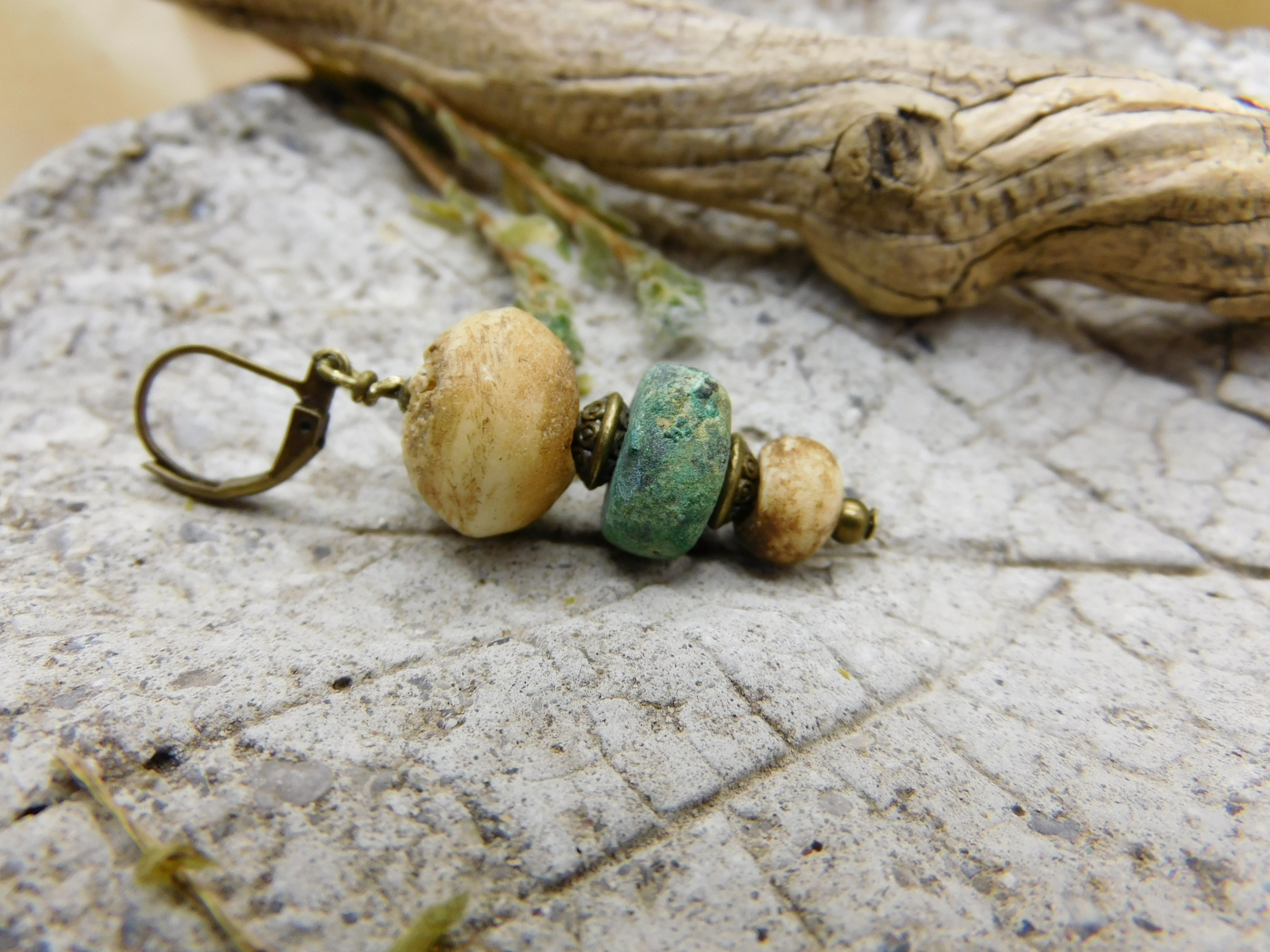 Viking earring, Celts with antique verdigris copper and bone