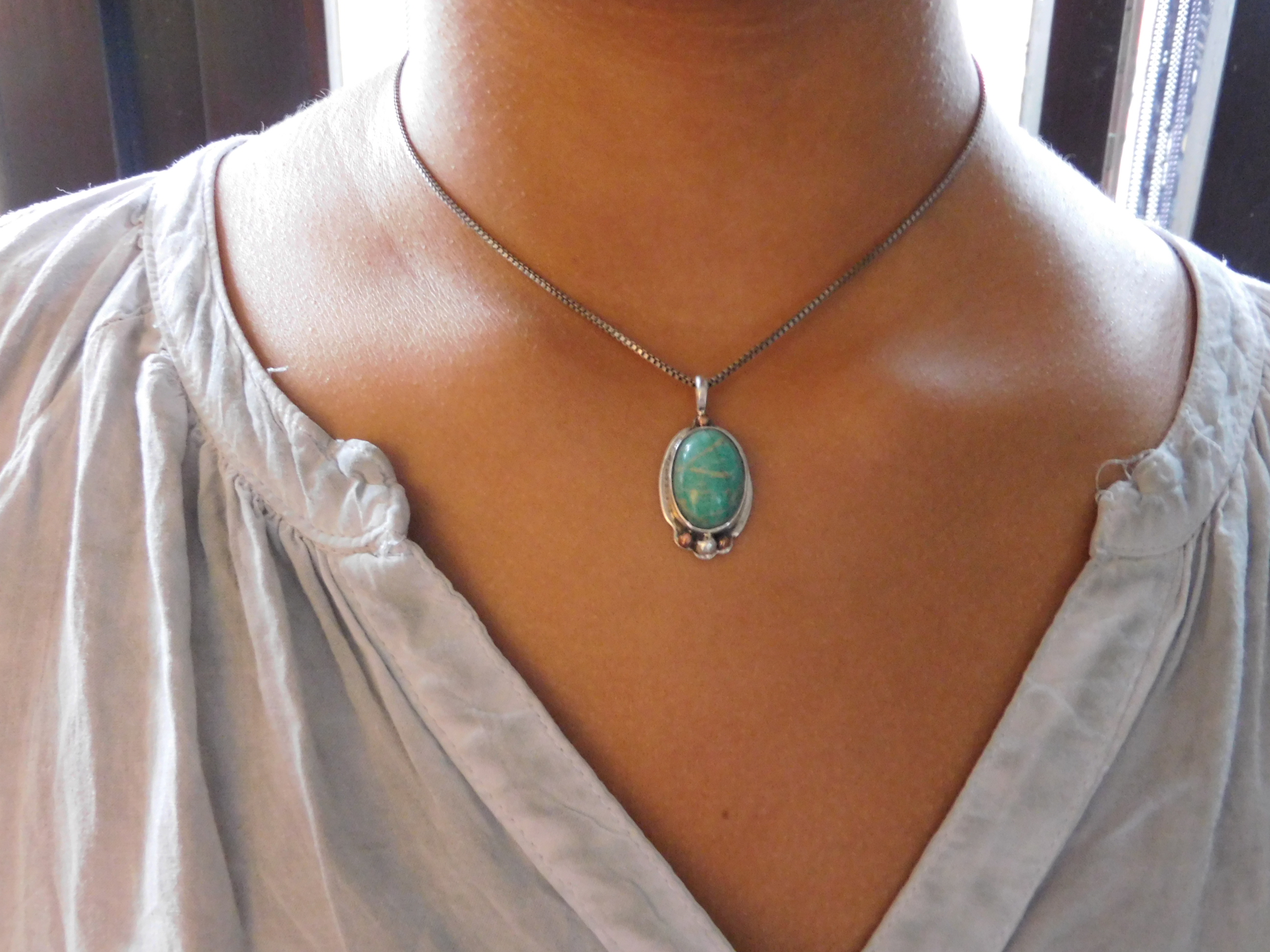 Pendant with amazonite stone set in sterling silver and copper