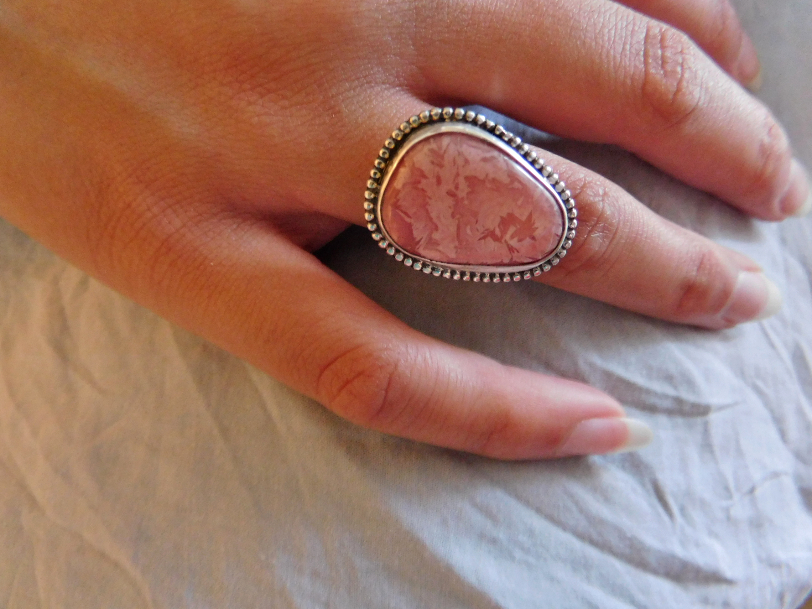 Rhodochrosite ring in hand forged decorative setting - Sterling silver